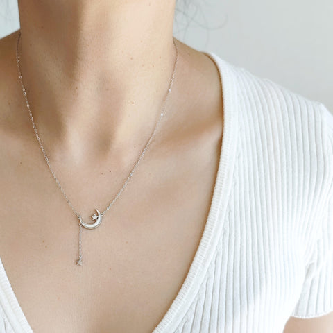 Sterling Silver Moon Dangling Star Necklace