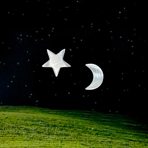 Sterling Silver Asymmetric Moon and Star Studs