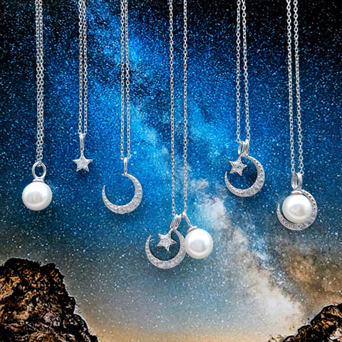 Sterling Silver Moon Star Pearl Necklace