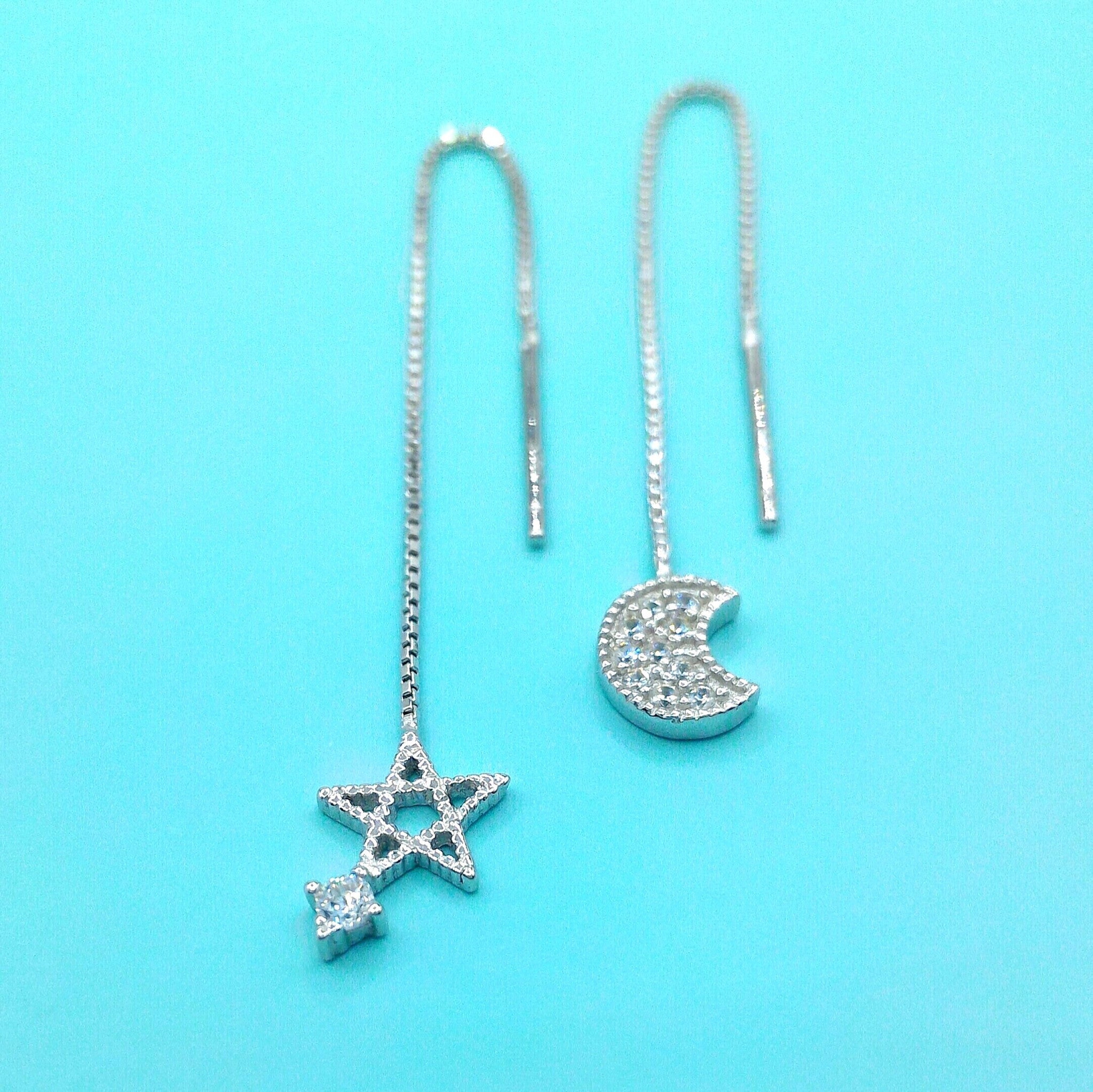 Sterling Silver Moon and Star Threader Earrings