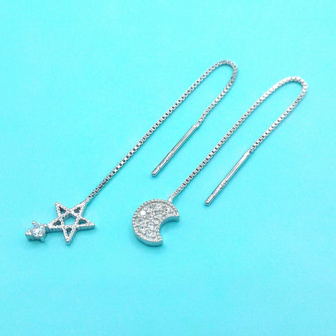 Sterling Silver Moon and Star Threader Earrings